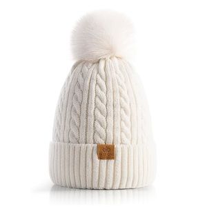 Winter White Chunky Pom Pom Knit Beanie Hat